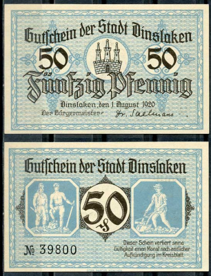Германия, Динслакен 50 пфеннигов 1920 нотгельд, 1.8.1920 Tieste 1395/03 бумага UNC (пресс) 8614-45-4-2