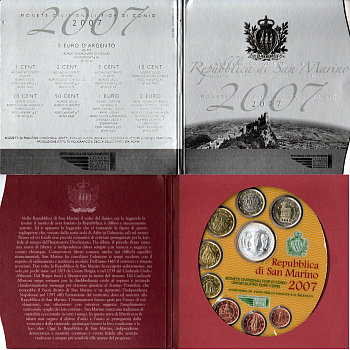 Сан-Марино годовой набор из 9 монет (1, 2, 5, 10, 20 и 50 евроцентов; 1, 2 и 5 евро) 2007 в оригинальном буклете, тираж 70.000 экземпляров KM MS68 (440, 441, 442, 443, 444, 445, 446, 447 и 473) BU 8-2-01-37