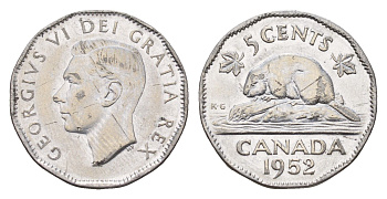 Канада 5 центов 1952 Георг VI (1936-1952), бобер KM 42a хромированная сталь 75-1642