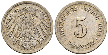 Германия 5 пфеннигов 1914 A, KM 11, J. 12 медно-никель 220-738