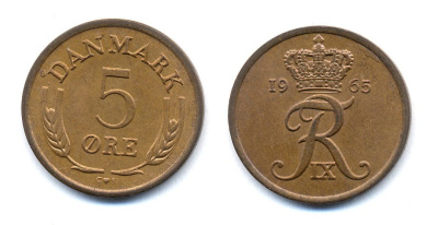 ДАНИЯ 5 ЭРЕ 1965 C; S, ФРЕДЕРИК IX (1947-1972) KM 848.1 бронза UNC 51-4336