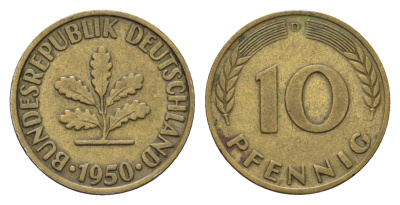 ФРГ 10 пфеннигов 1950 D KM 108, J.383 сталь плакированная латунью 206-267
