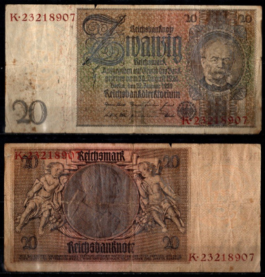 Германия 20 рейхсмарок 1929 Pick 181 бумага 8616-45-3-2