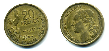 ФРАНЦИЯ 20 ФРАНКОВ 1951 ПЕТУХ, 4 ПЕРА KM 917.1, LE FRANC 402.7 алюминивая бронза 25-2436