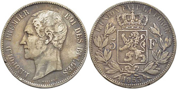 Бельгия 5 франков 1853 Леопольд I (1831-1865) KM 17 серебро 5010-824
