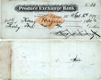 США чек на 34,30 долларов 1899 Produce Exchange Bank, Чикаго бумага 434-21-1-1