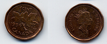 Канада 1 цент 1996 Елизавета II (1952-2022), кленовый лист KM 181 бронза 54-164