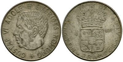 Швеция 1 крона 1957 TS, Густав VI Адольф (1950-1973) KM 826 серебро 4138-823
