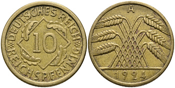Германия 10 рейхспфеннигов 1924 A KM 40, J.317, Weege 9 алюминиевая бронза 51-655