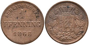 Бавария 1 пфенниг 1868 Людвиг II (1864-1886) KM 471 медь 116-816