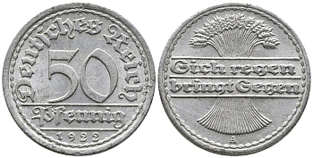 ГЕРМАНИЯ 50 ПФЕННИГОВ 1922 A KM 27, J. 301 алюминий 24-1045