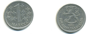 ФИНЛЯНДИЯ 1 МАРКА 1972 S KM 49а медно-никель 80-444