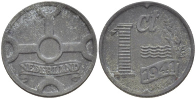 НИДЕРЛАНДЫ 1 ЦЕНТ 1941 ВИЛЬГЕЛЬМИНА I (1891-1948), ГЕРМАНСКАЯ ОККУПАЦИЯ, ВТОРАЯ МИРОВАЯ ВОЙНА KM 170 цинк 4532-1129