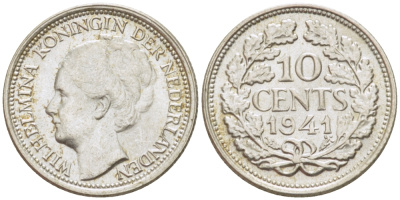 Нидерланды 10 центов 1941 Вильгельмина I (1890-1948) КМ 163 серебро aUNC 84-959