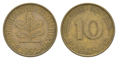 Германия 10 пфеннигов 1992 J KM 108, J. 383 сталь плакированная латунью 4627-131