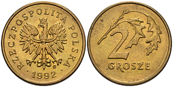 Польша 2 гроша 1992 MW KM 277, Parchimowicz 702c латунь 4580-517