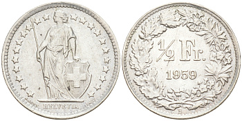ШВЕЙЦАРИЯ 1/2 ФРАНКА 1959 В KM 23 серебро 188-1041
