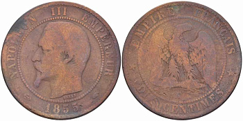 ФРАНЦИЯ 10 САНТИМОВ 1855 A, НАПОЛЕОН III (1852-1870) KM 771.1, LE FRANC 133.19 бронза 38-1111