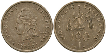 Французская Новая Каледония 100 франков 2000 хижина среди сосен и пальм, (IEOM) KM 15, Schoen 16, Lec 139d никель бронза 97-833