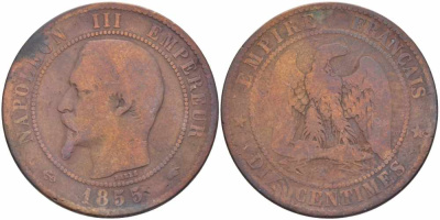 ФРАНЦИЯ 10 САНТИМОВ 1855 A, НАПОЛЕОН III (1852-1870) KM 771.1, LE FRANC 133.19 бронза 38-1111