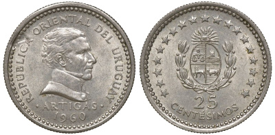 Уругвай 25 сентесимо 1960 KM 40 медно-никель 4169-916
