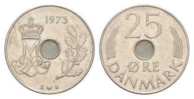 Дания 25 эре 1973 S; B, Маргрете II (1972-2024 ) KM 861 медно-никель 4514-427