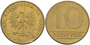 Польша 10 злотых 1990 MW, Народная Республика KM 152.2, Parchimowicz 244b латунь 4519-1026