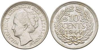 Нидерланды 10 центов 1944 Вильгельмина (1890-1948) KM 163 серебро aUNC 66-1268