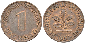 ФРГ 1 пфенниг 1950 D KM 105, J.380 сталь плакированная медью 4174-611