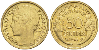 ФРАНЦИЯ 50 САНТИМОВ 1941 ТИП MORLON KM 894.1, LE FRANC 192.18 алюминиевая бронза 44-611