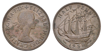 Великобритания 1/2 пенни 1958 Елизавета II (1952-2022) KM 896, Spink 4158 бронза    4660-637