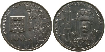 Португалия 100 эскудо 1987 INCM, 100 лет со дня рождения Амадеу ди Соуза-Кардозу KM 644 медно-никель aUNC 4587-1134