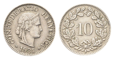 Швейцария 10 раппенов 1931 B KM 27 медно-никель 4708-146