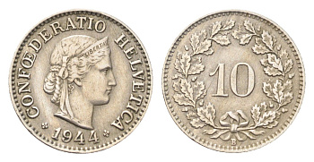 Швейцария 10 раппенов 1944 B KM 27 медно-никель 4708-158