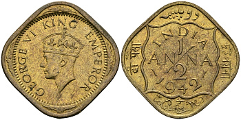 Британская Индия 1/2 анна 1942 Георг VI (1936-1952) KM 534b никель-латунь UNC 94-825