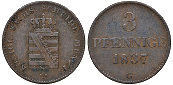 Саксония 3 пфеннига 1837 G, Фридрих Август II (1836-1854) KM 1136 медь    175-1146