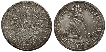 АВСТРИЯ, СВЯЩЕННАЯ РИМСКАЯ ИМПЕРИЯ, ТИРОЛЬ 2 ТАЛЕРА 1626 ДОМ ГАБСБУРГОВ, ЭРЦГЕРЦОГ ЛЕОПОЛЬД V ТИРОЛЬСКИЙ (1619-1632), МОНЕТНЫЙ ДВОР ХАЛЛ, ЦИФРЫ ДАТЫ ПЕРЕД ПОРТРЕТОМ, ВЕНОК НАД ГОЛОВОЙ ОРЛА БОЛЬШОЙ KM 807.2, Davenport 3336 серебро 00-000-00