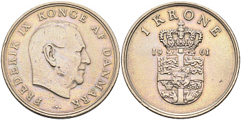 Дания 1 крона 1961 C. S, Фредерик IX (1947-1972) КМ 851.1 медно-никель    4177-311
