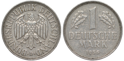 ФРГ 1 марка 1956 D KM 110, J 385 медно-никель 25-2111