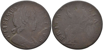 Англия 1/2 пенни 17XX Вильгельм III (1694-1702) KM 503, Spink 3556 медь 4117-645