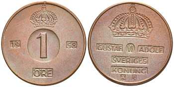 Швеция 1 эре 1958 T;S, Густав VI Адольф (1950-1973) KM 820 бронза 187-768