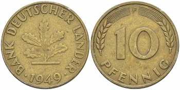 ФРГ 10 ПФЕННИГОВ 1949 F KM 103, J. 378 сталь плакированная латунью 4539-1051