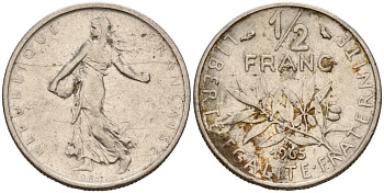Франция 1/2 франка 1965 сеятель KM 931, Le Franc 198.3 никель 4115-628