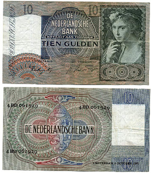 Нидерланды 10 гульденов 1941 красавица постушка, серия 4 BD Pick 56 b, Akkermans 31.2 бумага 00-00