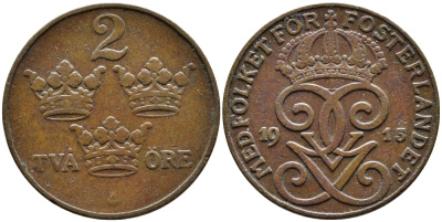 Швеция 2 эре 1915 Густав V (1907-1950) KM 778 бронза 54-2454