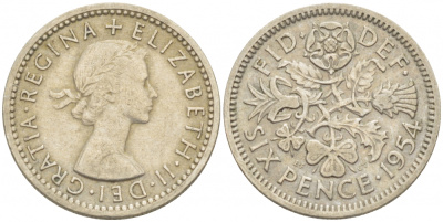 Великобритания 6 пенсов 1954 Елизавета II (1952-2022) KM 903, Spink 4149 медно-никель 214-1061