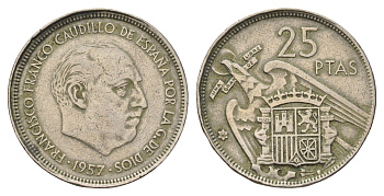 Испания 25 песет 1957 (66) Франсиско Франко (1939-1975) KM 787 медно-никель 4707-355