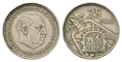 Испания 25 песет 1957 (66) Франсиско Франко (1939-1975) KM 787 медно-никель 4707-355