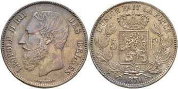 Бельгия 5 франков 1870 Леопольд II (1865-1909) KM 24 серебро 5010-913