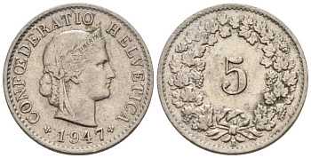 Швейцария 5 раппенов 1947 В KM 26 медно-никель 4576-927